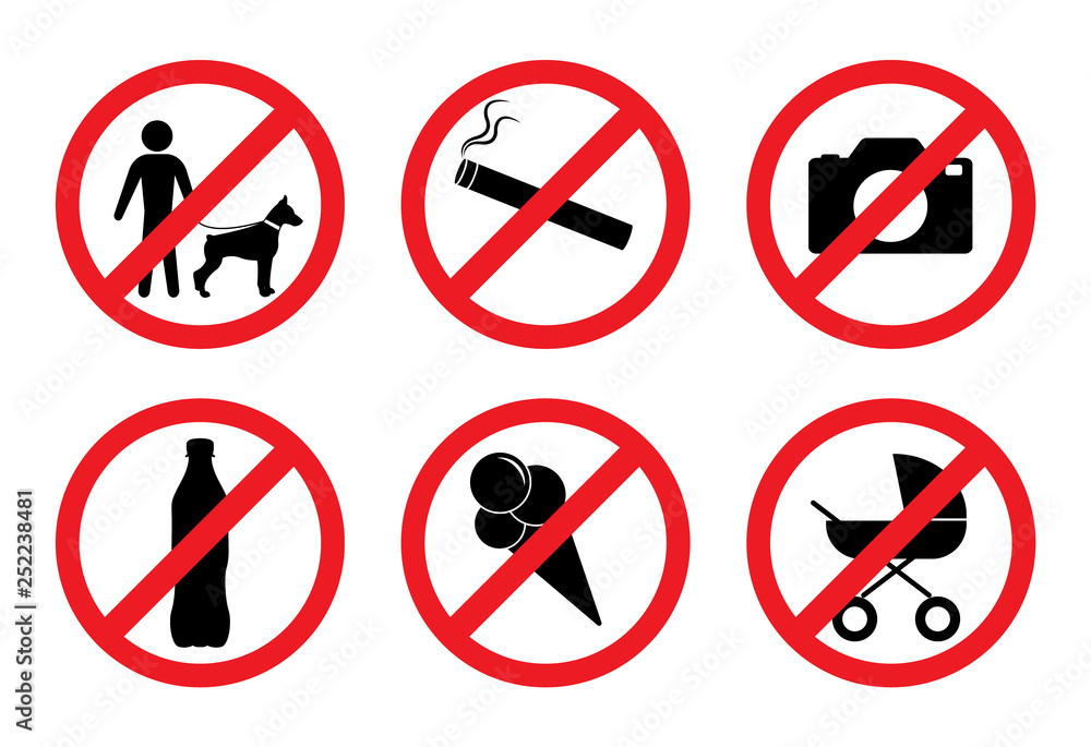 Prohibition signs. With a dog is impossible. No smoking. You can not take pictures. With alcohol is impossible. With ice cream is impossible. With the stroller can not. Prohibition signs. With a dog is impossible. No smoking. You can not take pictures. With alcohol is impossible. With ice cream is impossible. With the stroller can not.