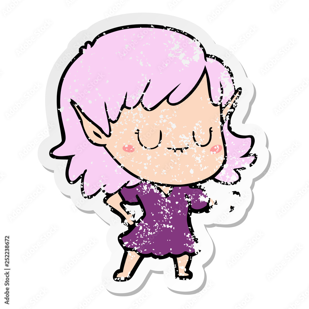distressed sticker of a happy cartoon elf girl wearing dress distressed sticker of a happy cartoon elf girl wearing dress