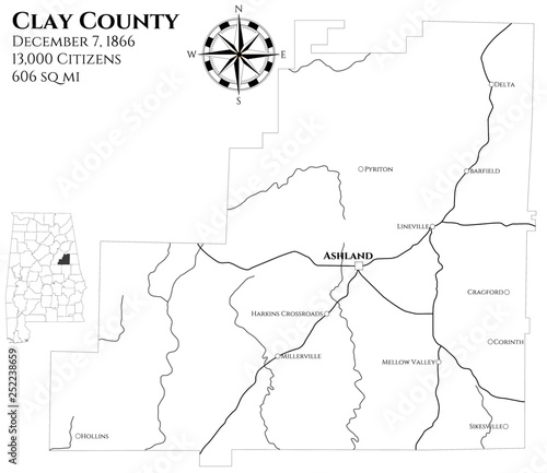 Large and detailed map of Clay county in Alabama, USA