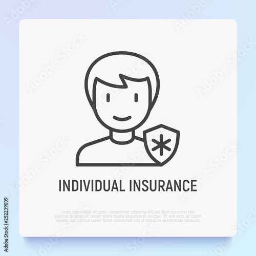 Individual insurance thin line icon. Man with medical shield. Modern vector illustration.