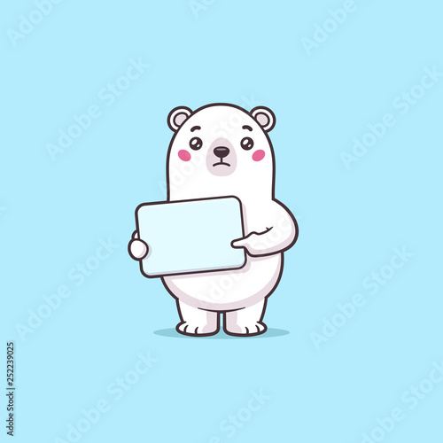 Worried polar bear cartoon character holding blank sign