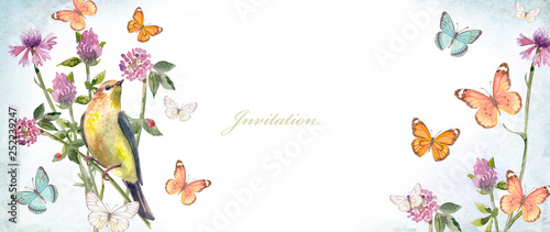 horizontal banner with a pretty bird in meadow flowers. watercolor painting