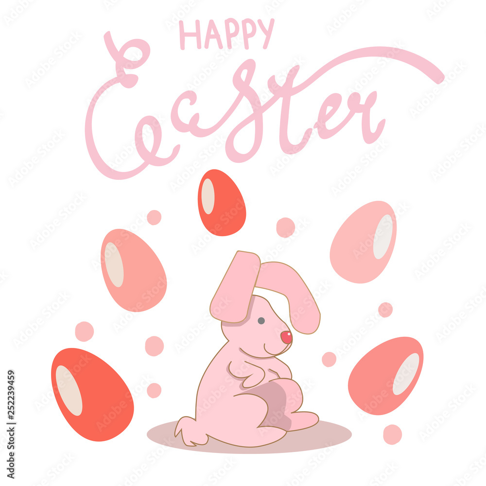 Fototapeta premium Easter pink bunny. Around the rabbit gently pink and coral eggs. Colored eggs.