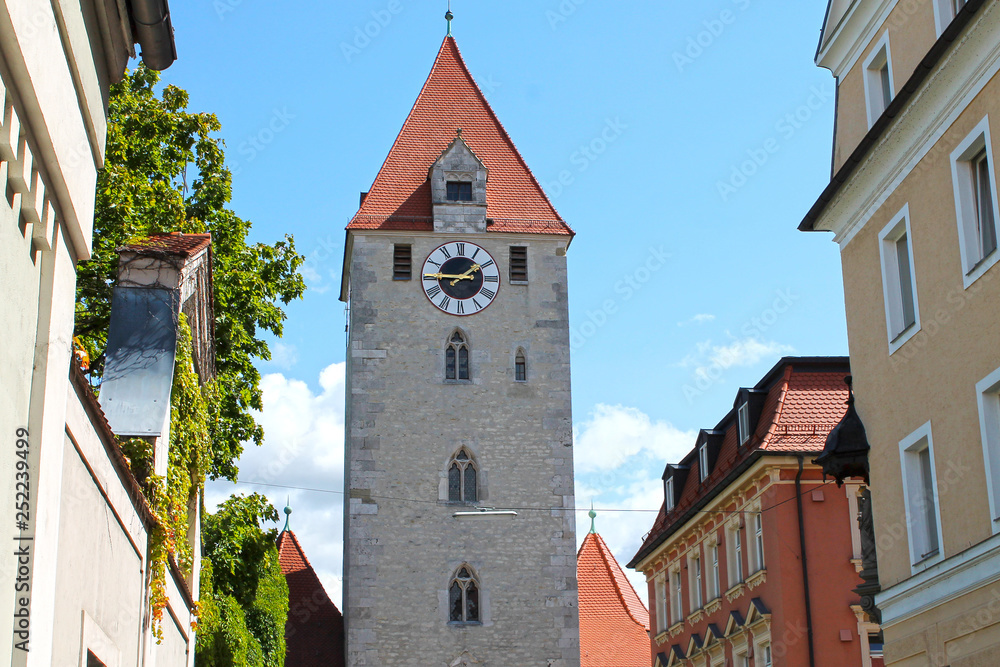 View of clock tower. Medieval town Regensburg, Bavaria, Germany. View of clock tower. Medieval town Regensburg, Bavaria, Germany.