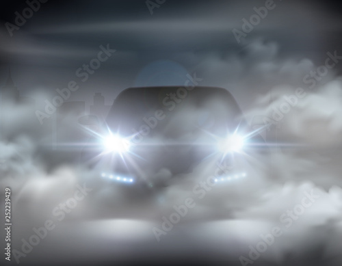 Car Lights Realistic In Fog Composition