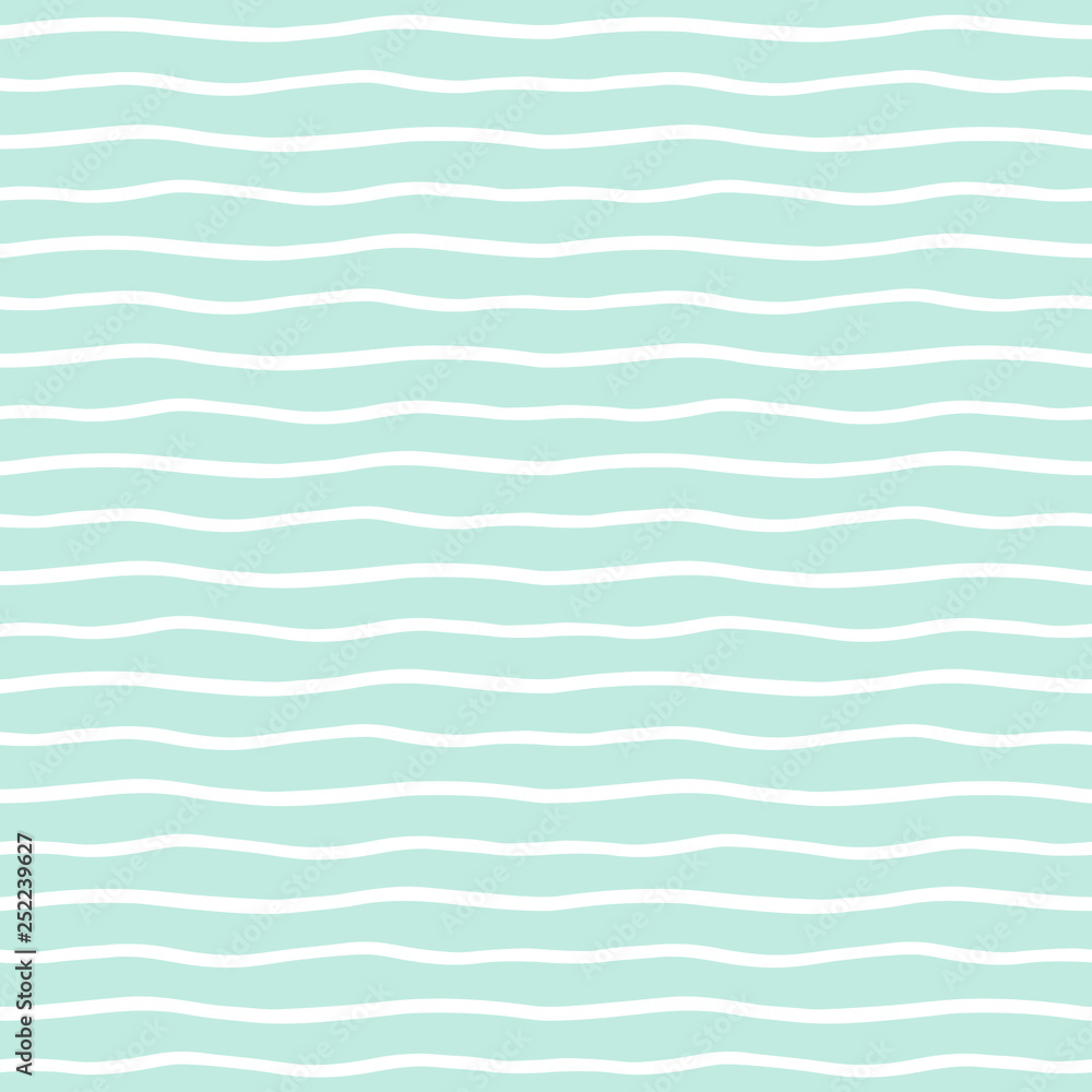 Wavy stripes seamless background. Thin hand drawn uneven waves vector pattern. Striped abstract template. Cute wavy streaks texture. White bars on mint green backdrop.