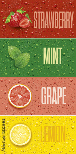 many fresh juice drops background with strawberry, mint, lemon, grapefruit