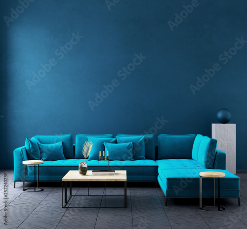 Modern dark blue living room interior with azure color couch,wall mock up,3d render