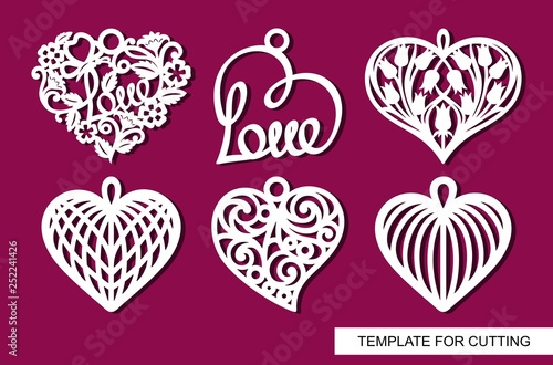 Set of decorative pendants with lace openwork hearts. Decor for for a wedding or February 14  Valentine s Day . White objects on a red background. Template for laser cutting  wood carving  paper cut.