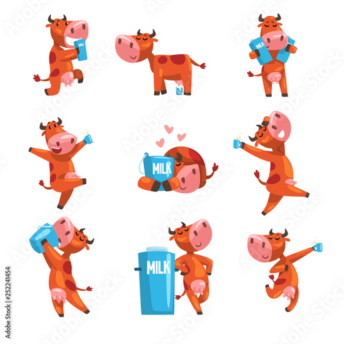 Funny brown cow with cartons and cans of milk set, farm animal cartoon character, design element can be used for advertising, milk package, baby food vector Illustration