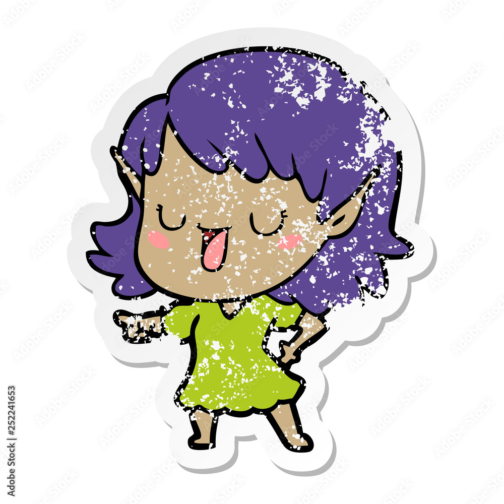 distressed sticker of a cartoon elf girl distressed sticker of a cartoon elf girl