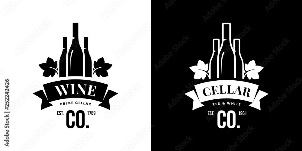Modern wine vector isolated logo sign for pub, tavern, restaurant, house, shop, store, club and cellar. Premium quality vinery logotype illustration set. Fashion brand badge design template bundle.