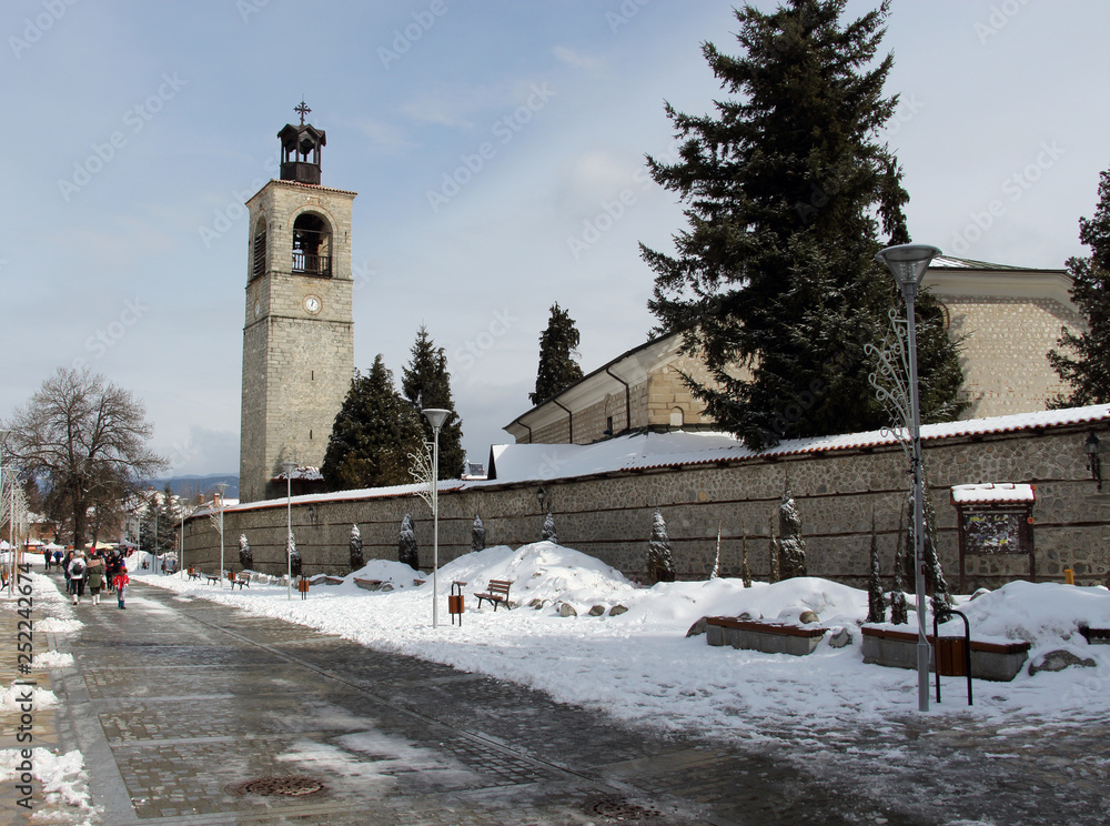 Bansko, Bulgaria - February 23, 2019: Winter ski resort, Holy Trinity Church