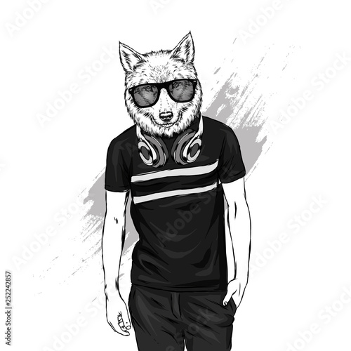 The guy with the head of a wolf or a dog. Animal hipster in a t-shirt and headphones. Vector illustration for greeting card or poster, print on clothes. Fashion and style, clothing and accessories.