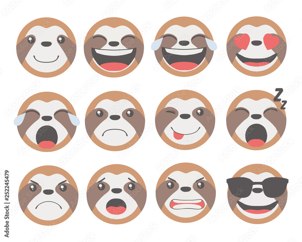 Cute cartoon Sloth animal smiley face vector emoticon set Stock Vector |  Adobe Stock