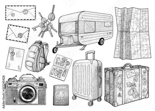 Travel elements collection, illustration, drawing, engraving, ink, line art, vector