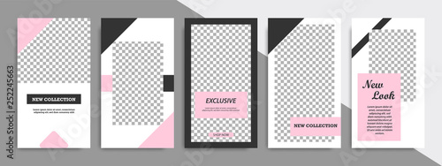 Modern minimal square stripe line shape template in pink, black and white color with frame. Corporate advertising template for social media stories, story, business banner, flyer, and brochure.