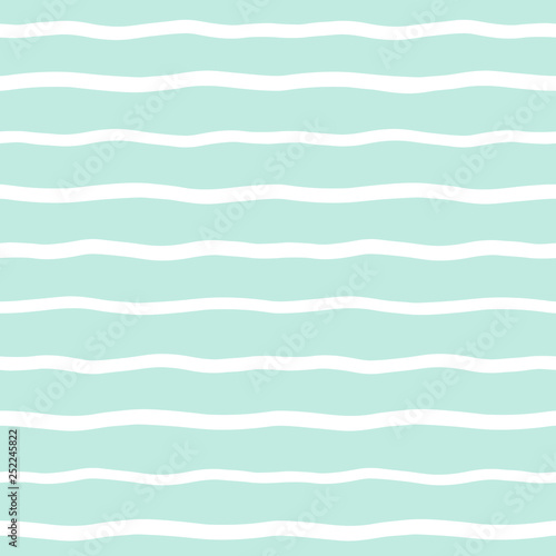 Stripes seamless background. Doodle uneven waves vector pattern. Striped abstract water template. Cute wavy streaks, lines texture. White bars on mint green backdrop.