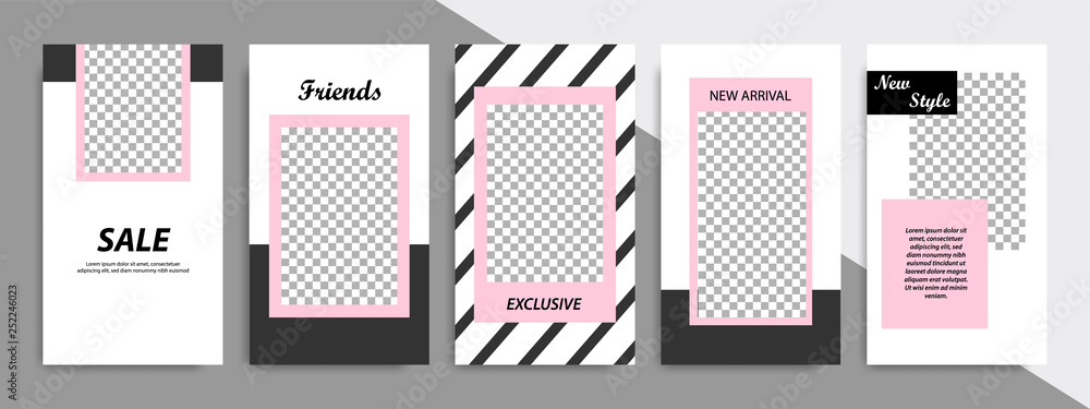 Modern minimal square stripe line shape template in pink, black and white color with frame. Corporate advertising template for social media stories, story, business banner, flyer, and brochure.