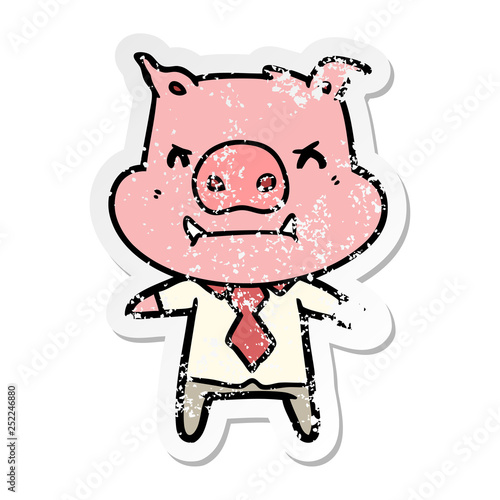 distressed sticker of a angry cartoon pig boss