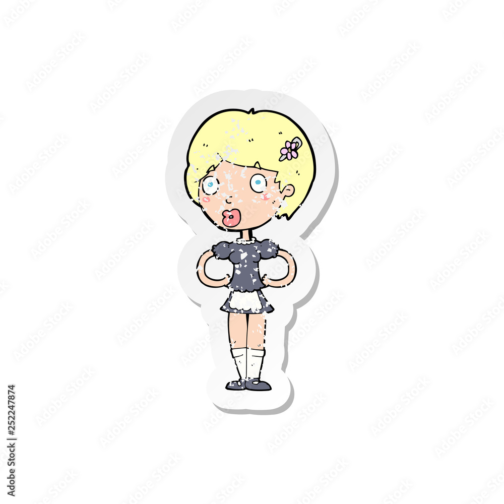 retro distressed sticker of a cartoon woman in french maid outfit retro distressed sticker of a cartoon woman in french maid outfit