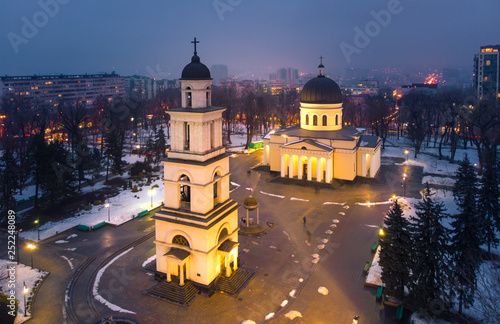 Cathedral in downtown Chisinau, aerial panoramic view. Moldova 2019