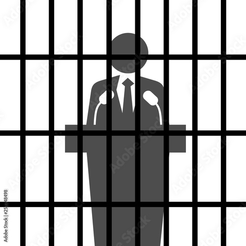 Political prisoner - politician is wearing formal blacksuit and speeking to microphone in prison and jail. Vector illustration
