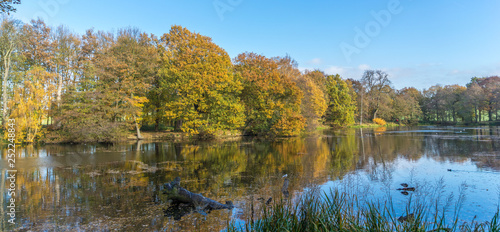 Looking across a lake at autumnal trees in morning sun