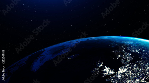 Big planet Earth. The flight above the Earth. View from space. Sunny dawn.
