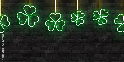 Vector realistic isolated neon sign of Clover seamless pattern logo for template decoration and covering on the wall background. Concept of Happy St. Patrick's Day.