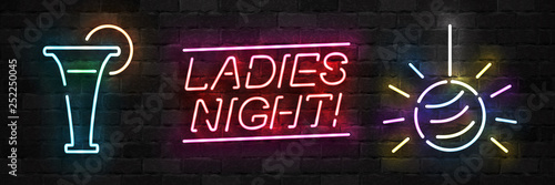 Vector set of realistic isolated neon sign of Ladies Night logo for template decoration and covering on the wall background. Concept of night club and party.