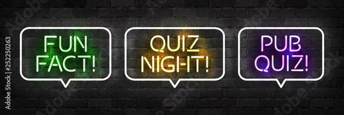 Vector set of realistic isolated neon sign of Fun Fact, Quiz Night and Pub Quiz logo for template decoration and layout covering on the wall background.