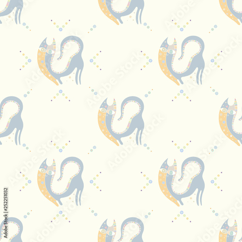 Seamless vector pattern  hand drawn decorative background with cute cats. Pastel mono color  repeating template for wallpaper  fabric  packaging  Graphic design  beautiful illustration.