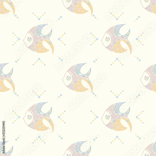 Seamless vector pattern  hand drawn decorative background with cute fish. Pastel mono color  repeating template for wallpaper  fabric  packaging  Graphic design  beautiful illustration.