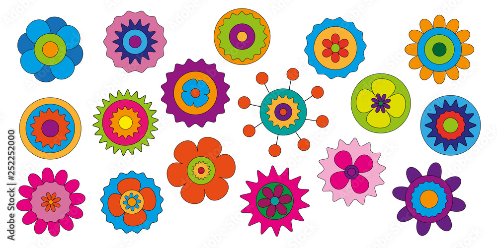 Happy colorful flowers in seventies style