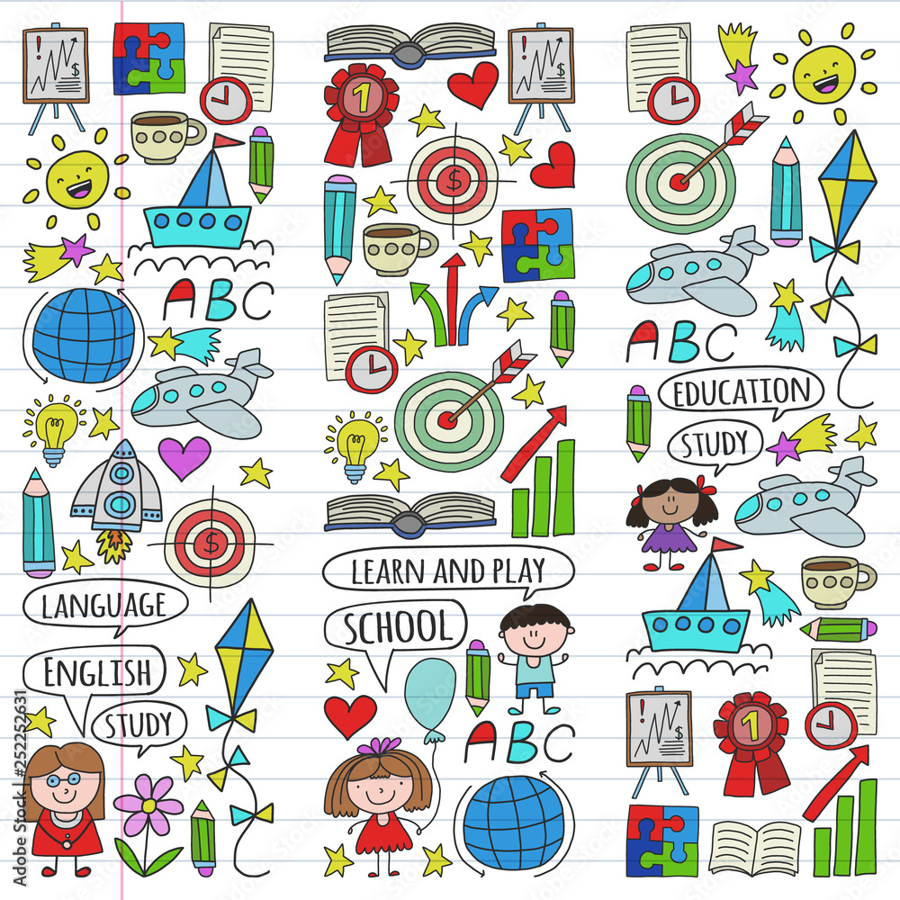 Vector set of learning English language, children's drawing icons in doodle style. Painted, colorful, pictures on a piece of linear paper on white background