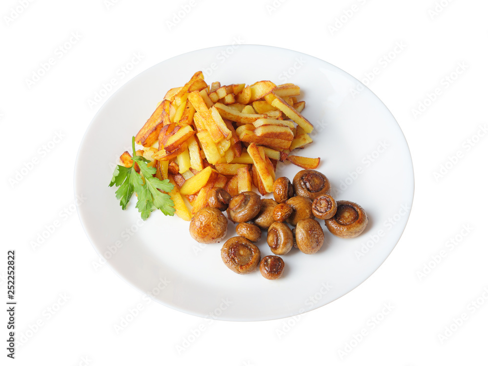 fried potatoes with mushrooms isolated fried potatoes with mushrooms isolated