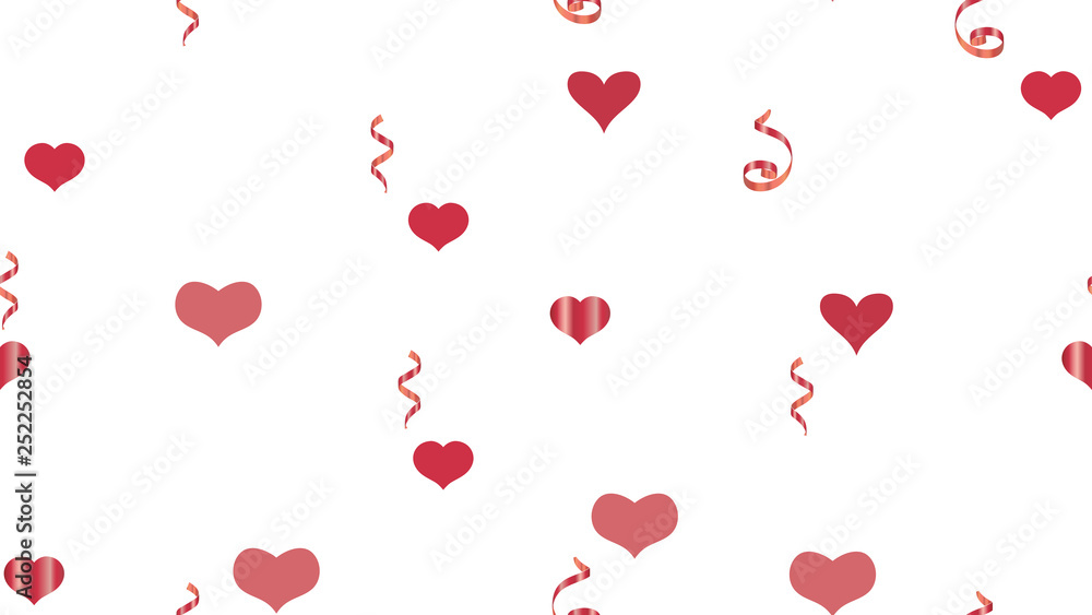 Falling Red confetti. Festive Pattern of Hearts and Serpentine. Vector Seamless Pattern on a White fond. The foundation of packaging, textiles, wallpaper, banner, printing.