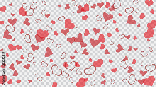 Light background. Red hearts of confetti are flying. Red on Transparent fond Vector. A sample of wallpaper design, textiles, packaging, printing, holiday invitation for Valentine's Day.