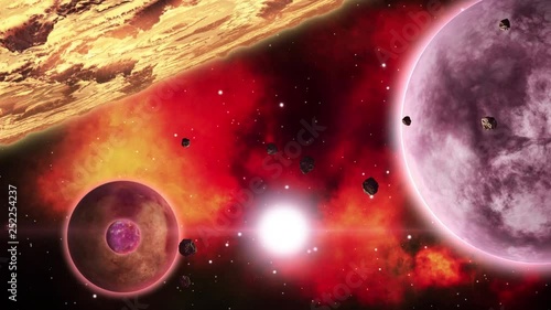 Planets in front of fiery red nebulae in deep space. Space art collection. Loop.