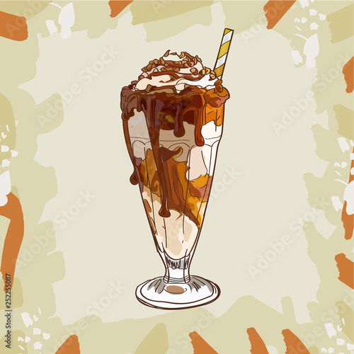 Salt Caramel Milkshake recipe. Menu element for cafe or restaurant with milk fresh drink. Fresh cocktail for healthy life.