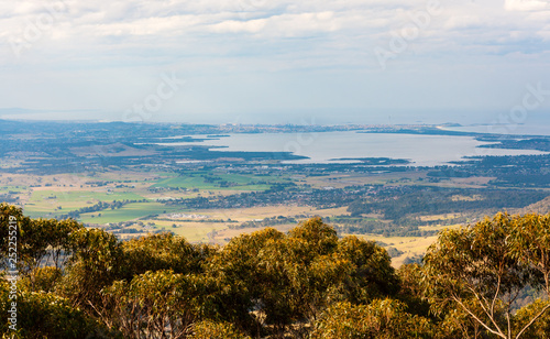 Lake Illawarra and surrounding countryside with fields and farms, New South Wales, Australia