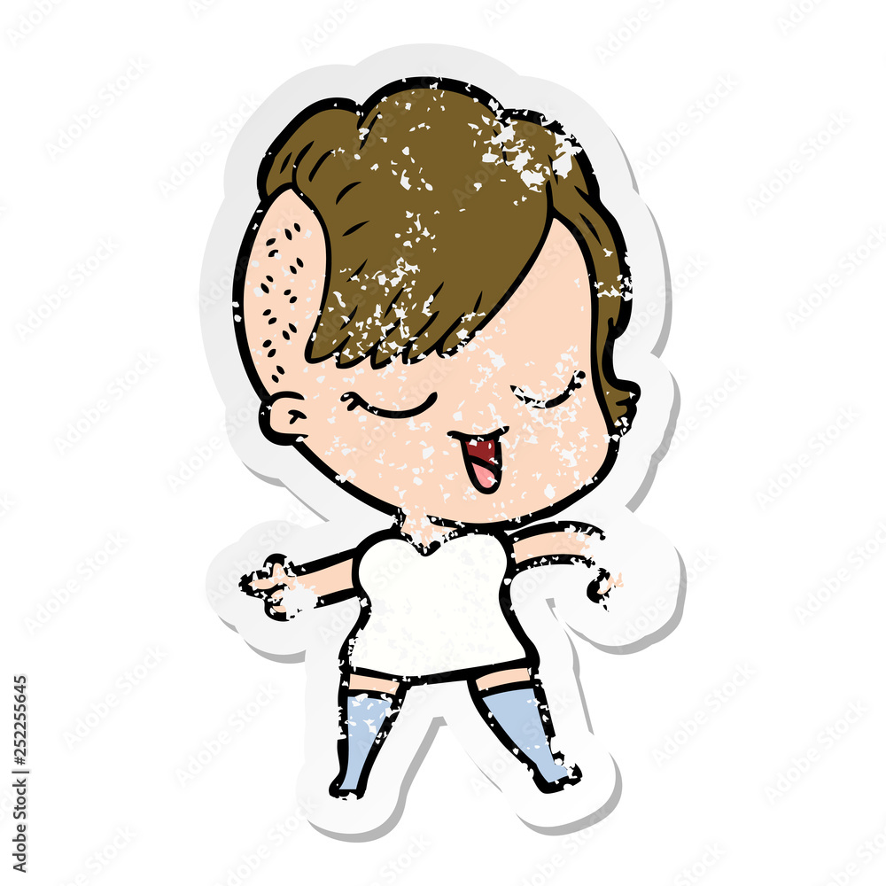 distressed sticker of a happy cartoon girl distressed sticker of a happy cartoon girl