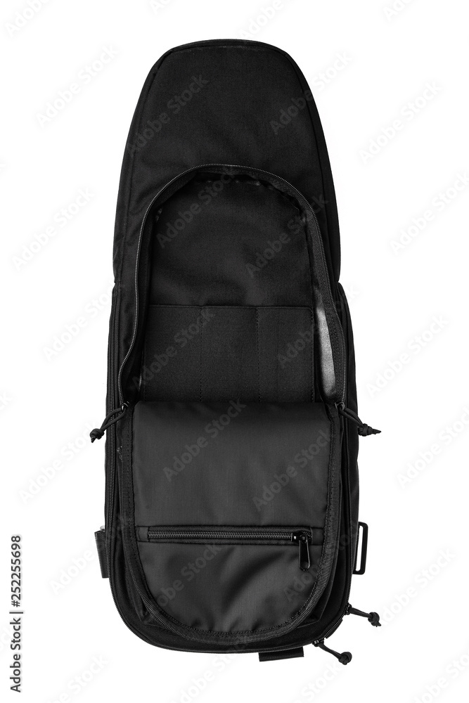 Naklejka premium Modern black backpack over his shoulder isolated on white back