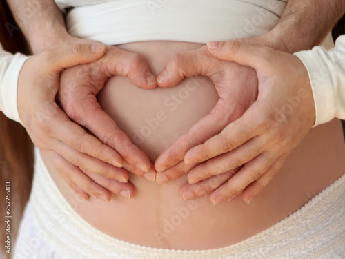 Wallpaper Mural Male and female hands on a pregnant belly make a heart. New father and mother with their first unborn baby standing on a white background. Close-up. Love concept Torontodigital.ca