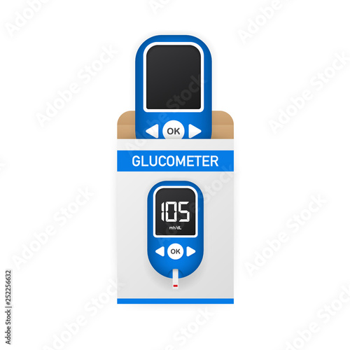 Blood glucose meter level test. Diabetes glucometer. Abstract concept graphic web banner element. Vector illustration.