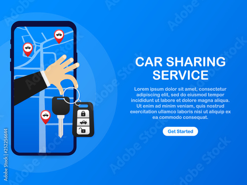 Car sharing service advertising web page template. Banner of Rent auto service. Trading cars and rental cars.  Web Site, Advertising like Hand and Key. Vector illustration.