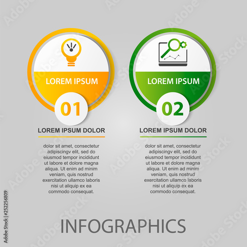 Modern 3D vector illustration. Circular infographic template with two elements. Icons and text. Designed for business, presentations, web design, applications, interfaces, diagrams with 2 steps