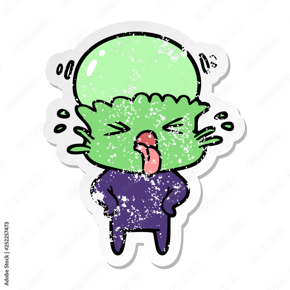 distressed sticker of a weird cartoon alien distressed sticker of a weird cartoon alien