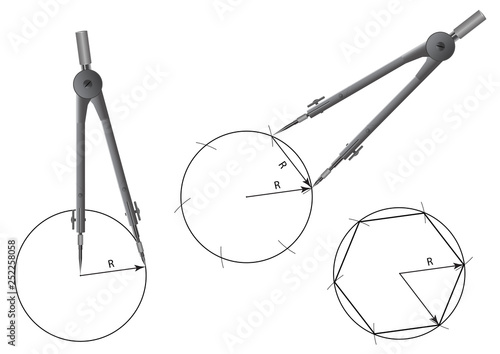 Building with compasses on the lessons of mathematics and geometry: the bisectors of the angle, hexagon, the angle equal to this and others.